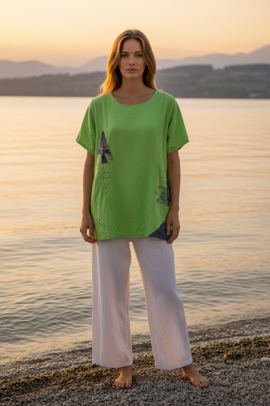 Leinen-Shirt Grün Kunstdruck – Vorderansicht Bodensee