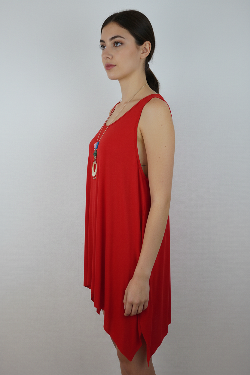 Asymmetrische Tunika Rot – Model Seite