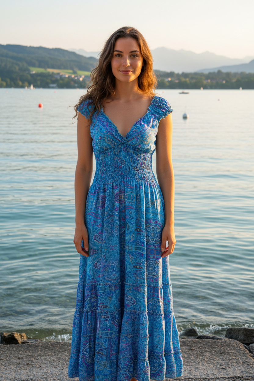 Boho Maxi Kleid Blau Paisley – KI Modelbild Vorderansicht Bodensee