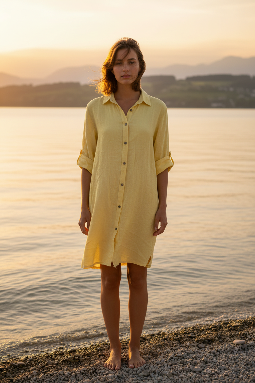 Leinenkleid Gelb – Vorderansicht Bodensee