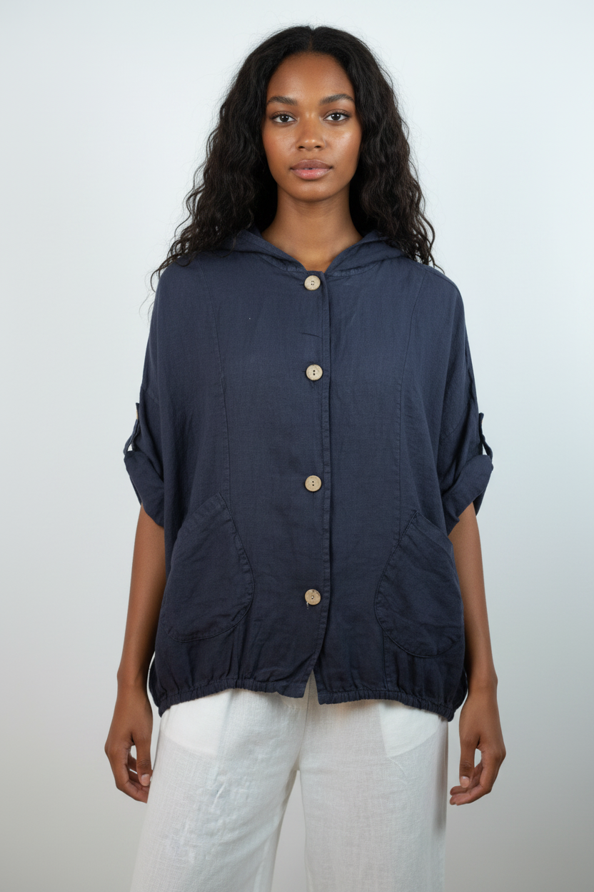 Leinen Hooded Overshirt Navy – Vorderansicht