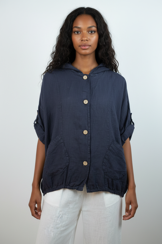 Leinen Hooded Overshirt Navy – Vorderansicht
