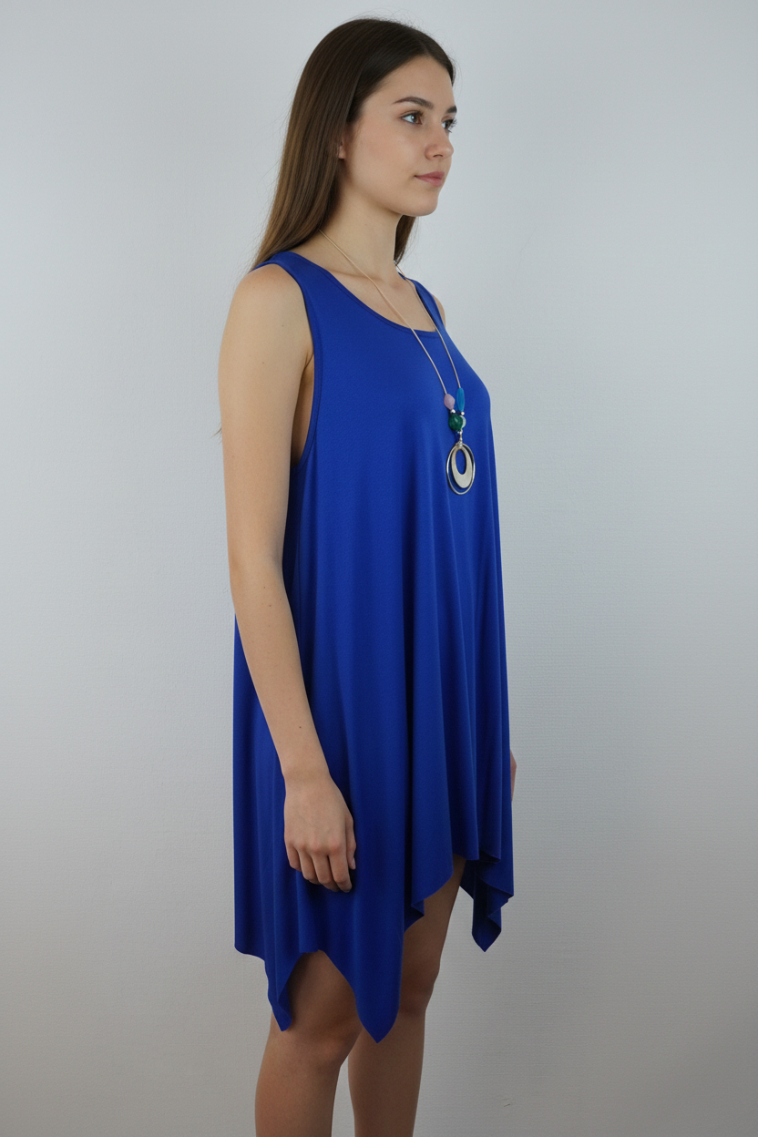 Asymmetrische Tunika Royalblau – Model Seite