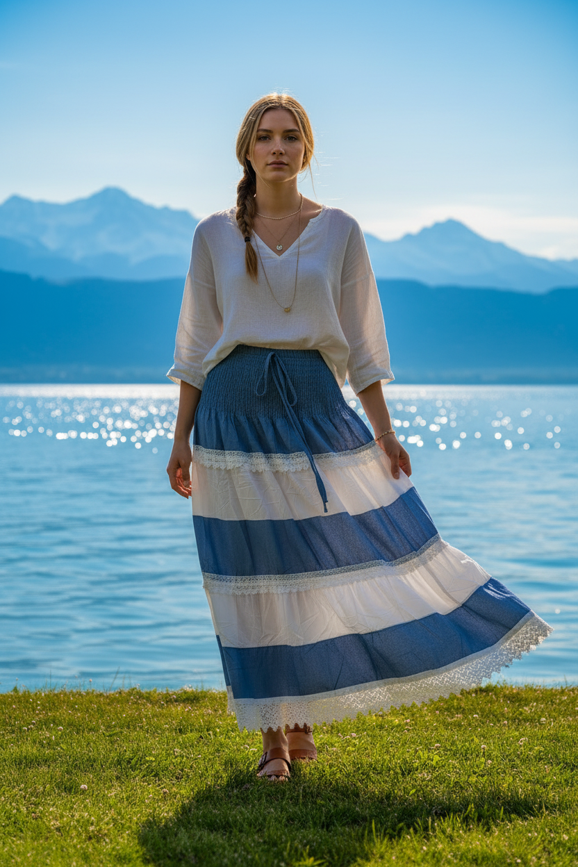 Boho-Stufenrock Blau/Weiß Vorne Bodensee