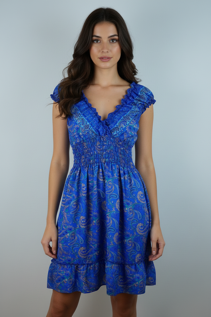 Boho Sommerkleid Paisley Königsblau – Model Front