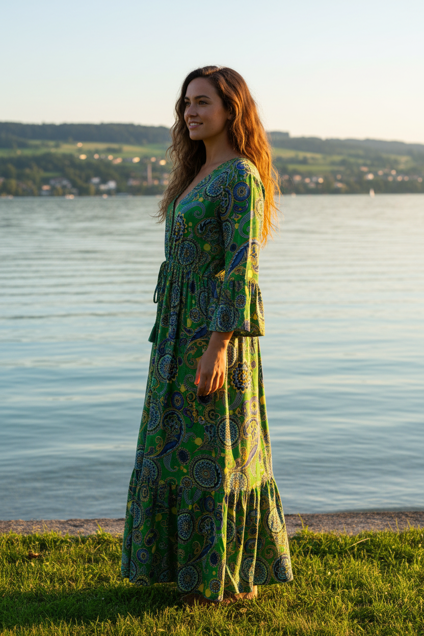 Boho Maxikleid Paisley Mandala Muster Grün/Blau/Gelb – Seitenansicht