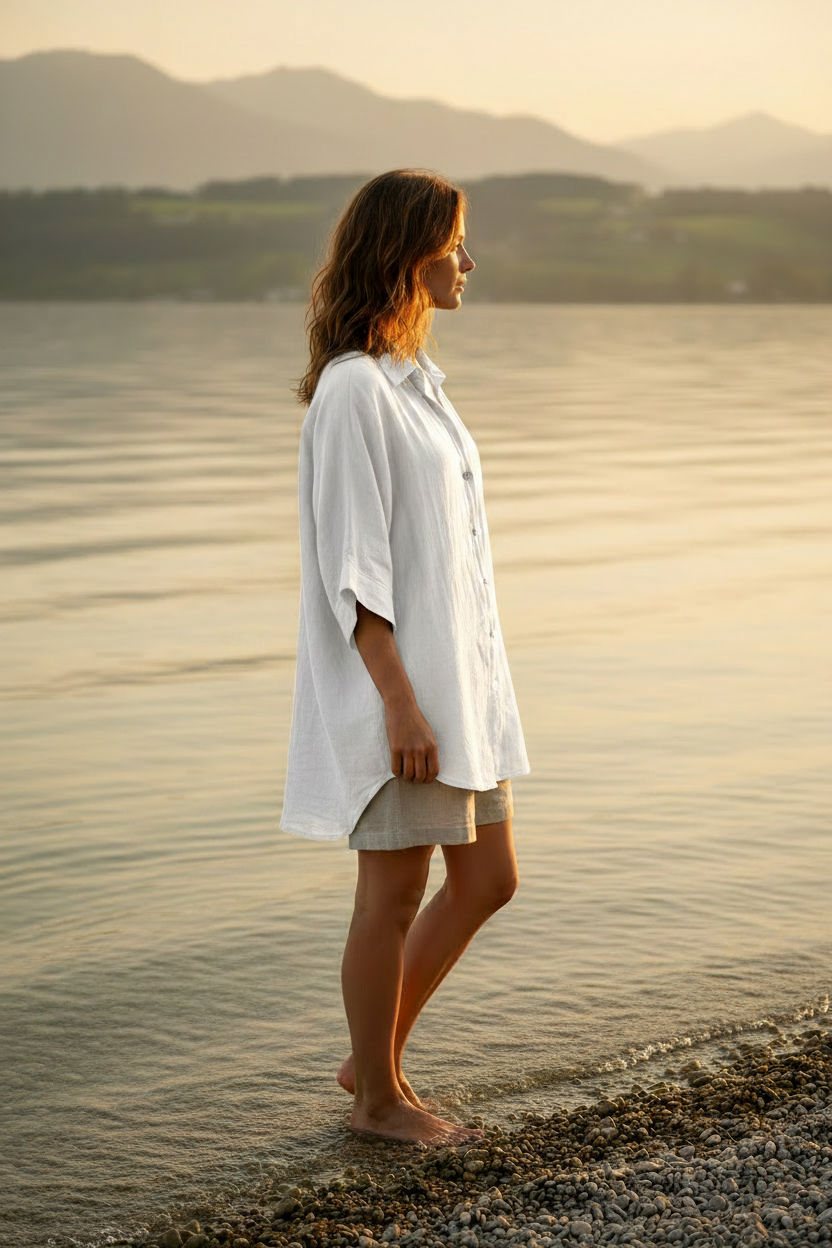 Leinenbluse Weiß – Seitenansicht Bodensee