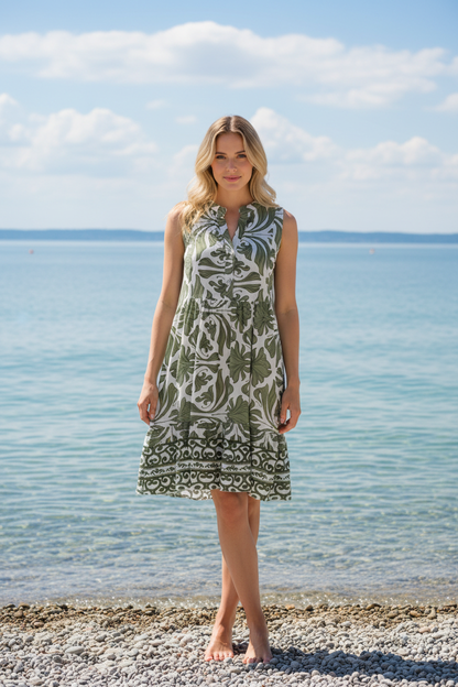 Sommerkleid Olivgrün Boho-Print Tageslicht Bodensee