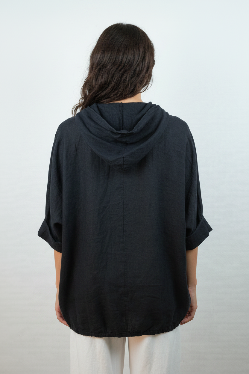 Leinen Hooded Overshirt Schwarz – Rückansicht