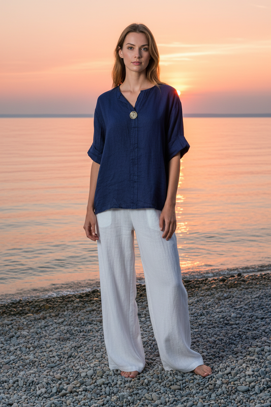 Oversize Leinenbluse Navy Vorderansicht Bodensee