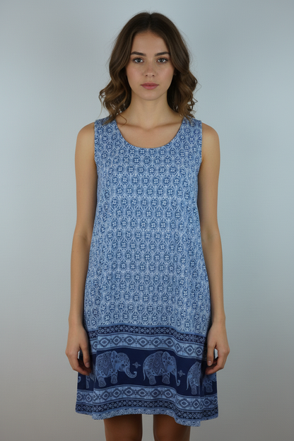 Kleid Elefanten-Muster Blau – Model Front