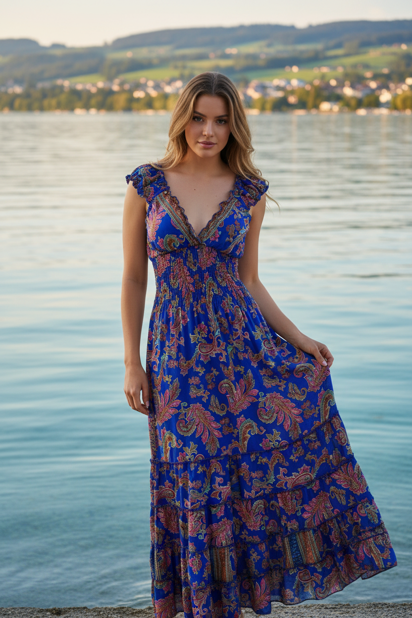 Boho Maxi Kleid Königsblau Paisley – KI Modelbild Vorderansicht Bodensee