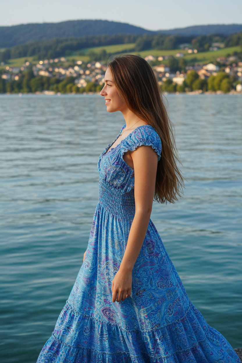 Boho Maxi Kleid Blau Paisley – KI Modelbild Seitenansicht Bodensee