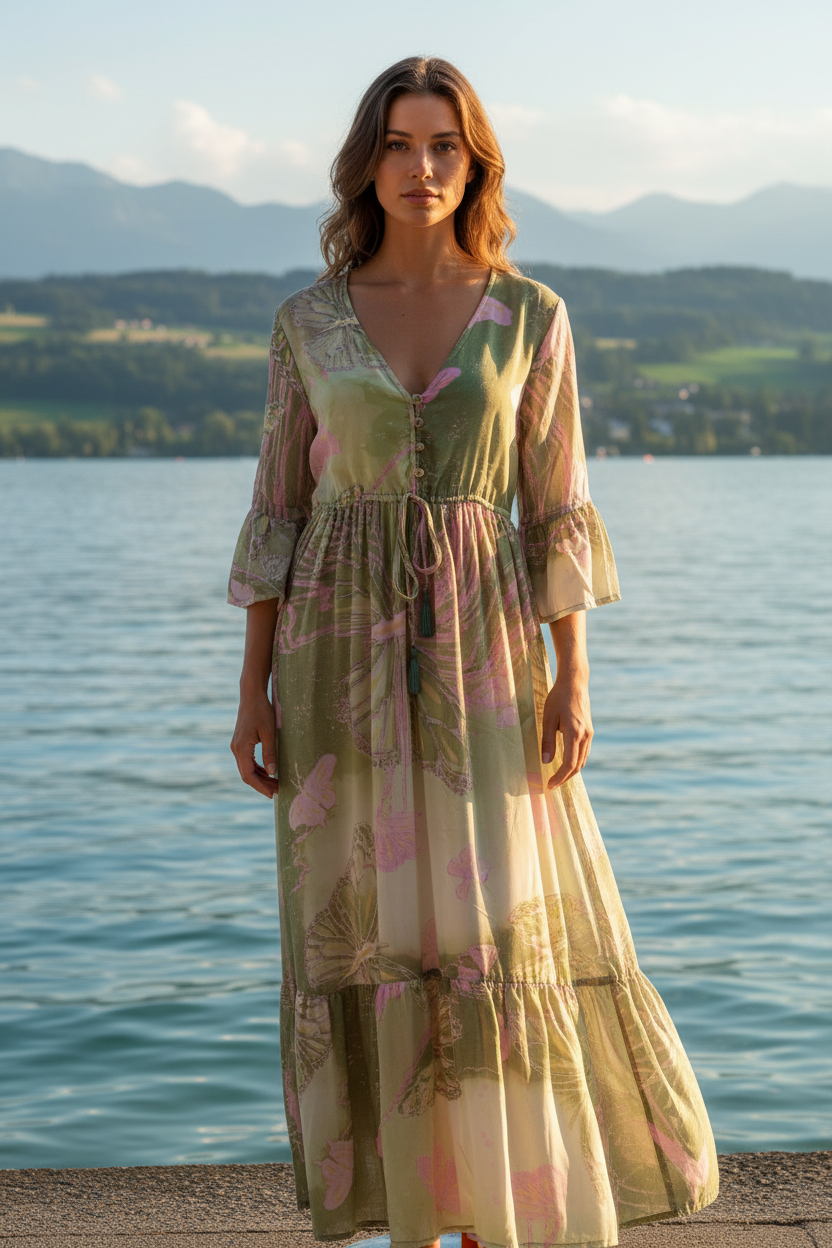 Boho Maxikleid Butterfly Print Grün/Pink/Creme – Vorderansicht