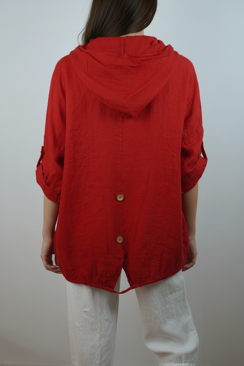 Leinen Hooded Overshirt Rot – Rückansicht