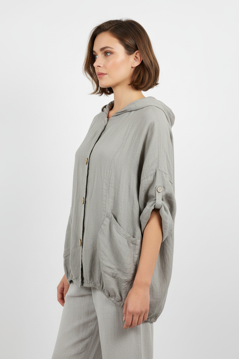 Leinen Hooded Overshirt Grau – Seitenansicht