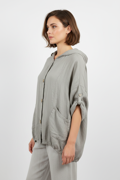 Leinen Hooded Overshirt Grau – Seitenansicht
