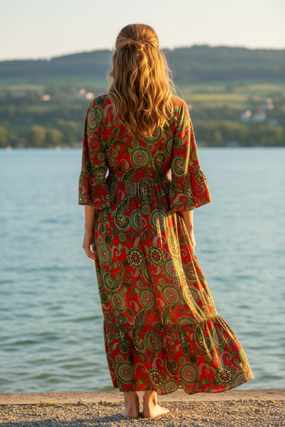 Boho Maxikleid Mandala Paisley Muster Rot/Grün/Olive – Rückenansicht