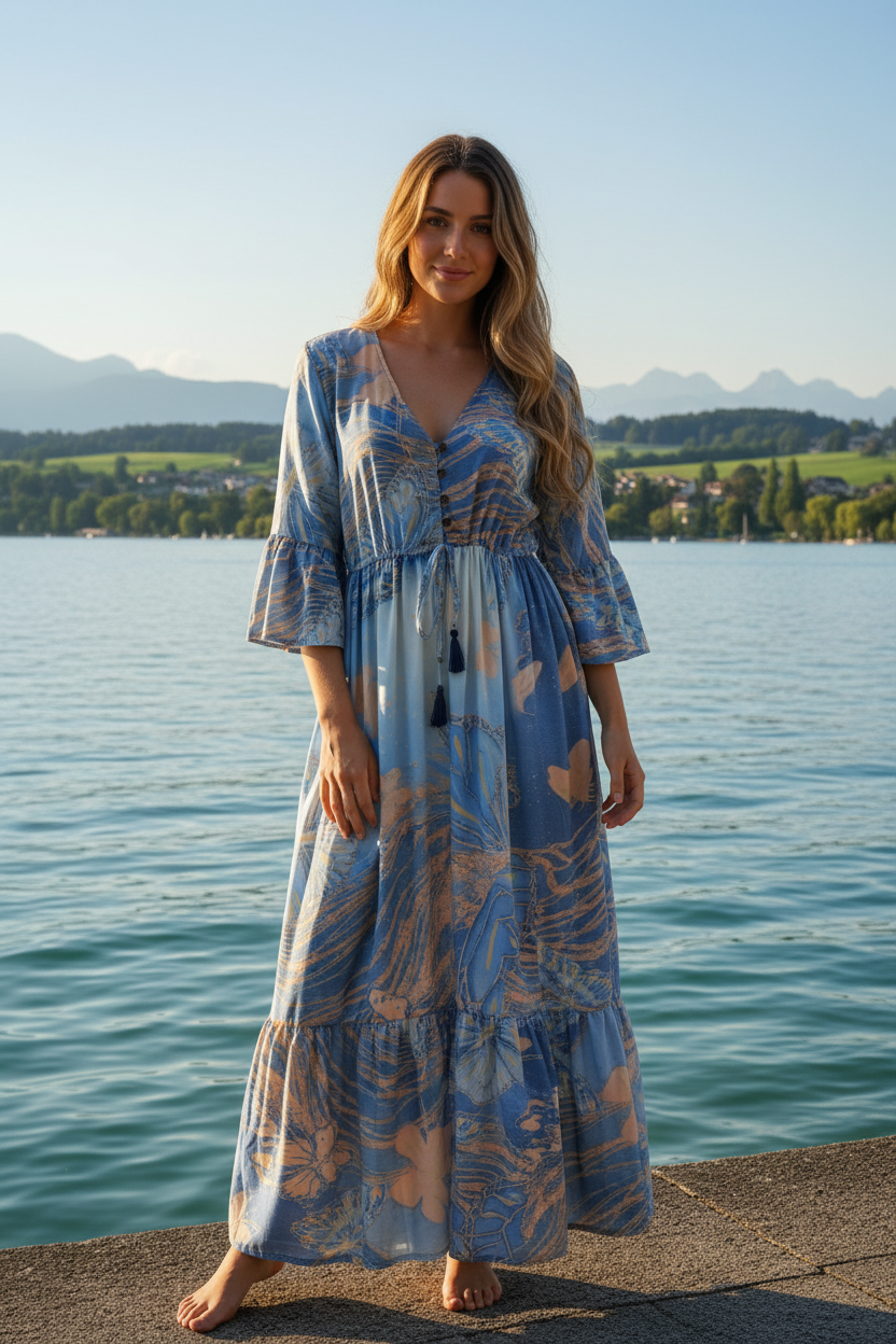 Boho Maxikleid Butterfly Print Blau/Peach/Beige – Vorderansicht