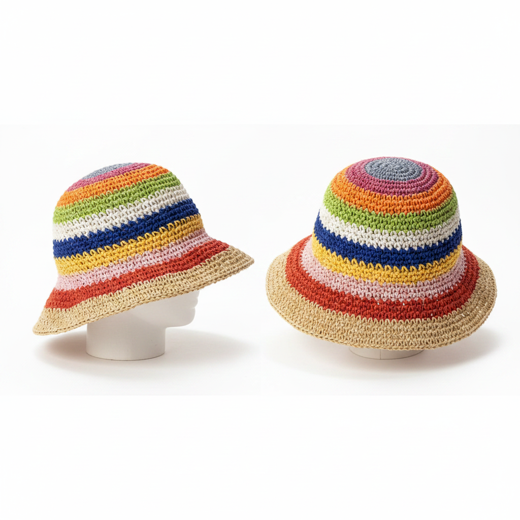 Seiten- und Rückansicht Boho Bucket Hat Erdtöne