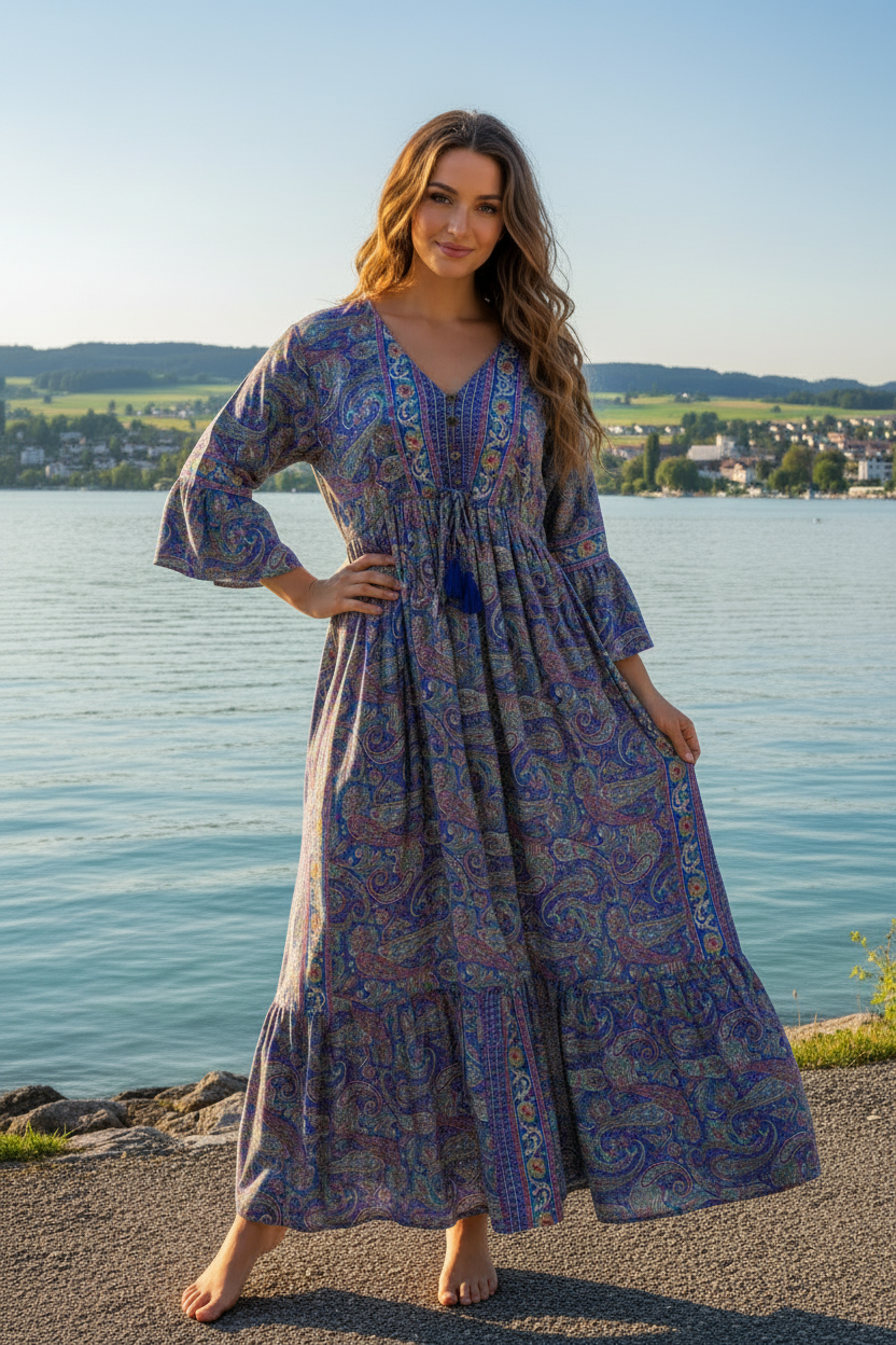 Boho Maxikleid Paisley Ethno Muster Blau/Lila – Vorderansicht