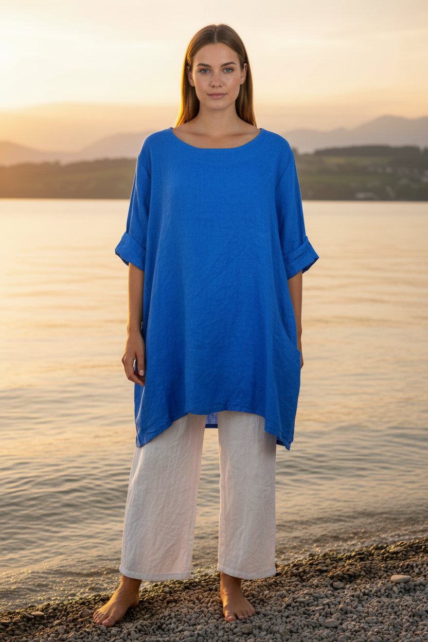 Leinen-Longshirt Royalblau – Vorderansicht Bodensee