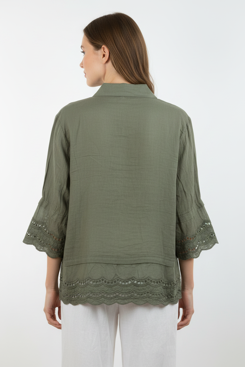 Leinen Bluse Bianca Italia Khaki – Rückansicht