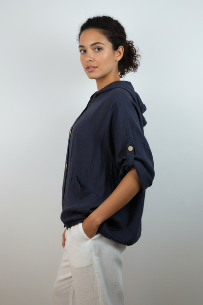 Leinen Hooded Overshirt Navy – Seitenansicht