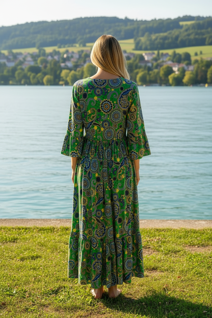 Boho Maxikleid Paisley Mandala Muster Grün/Blau/Gelb – Rückenansicht