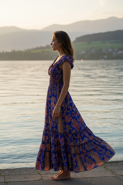 Boho Maxi Kleid Königsblau Paisley – KI Modelbild Seitenansicht Bodensee