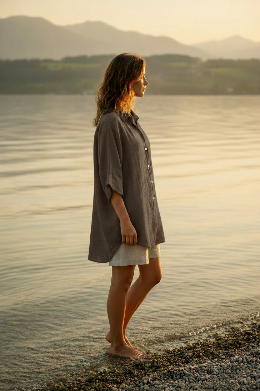 Leinenbluse Dunkelbraun – Seitenansicht Bodensee