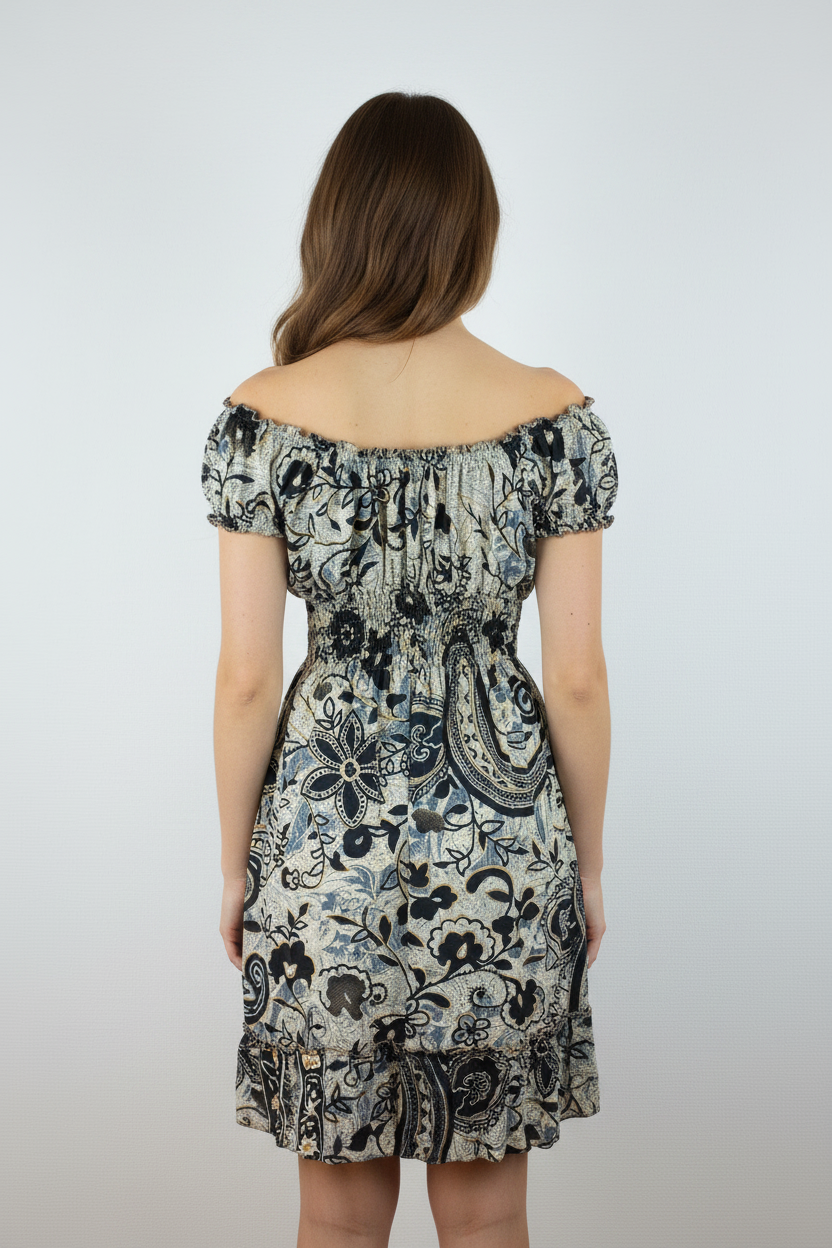 Boho Sommerkleid Paisley Schwarz/Beige – Model Rücken