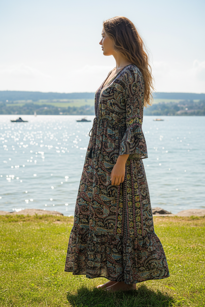 Boho Maxikleid Paisley Muster Blau/Türkis/Altrosa – Seitenansicht