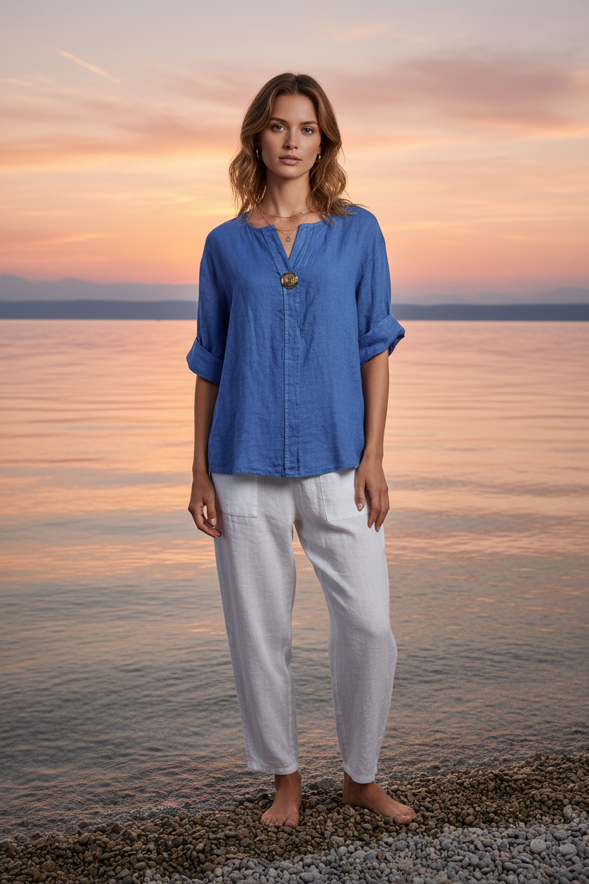 Oversize Leinenbluse Kornblumenblau Vorderansicht Bodensee