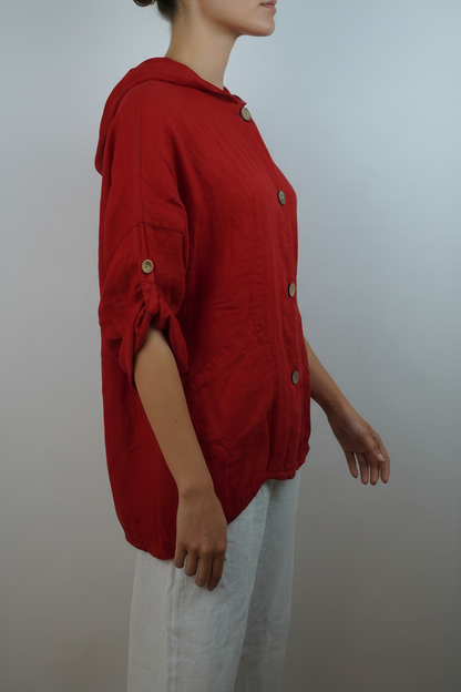 Leinen Hooded Overshirt Rot – Seitenansicht