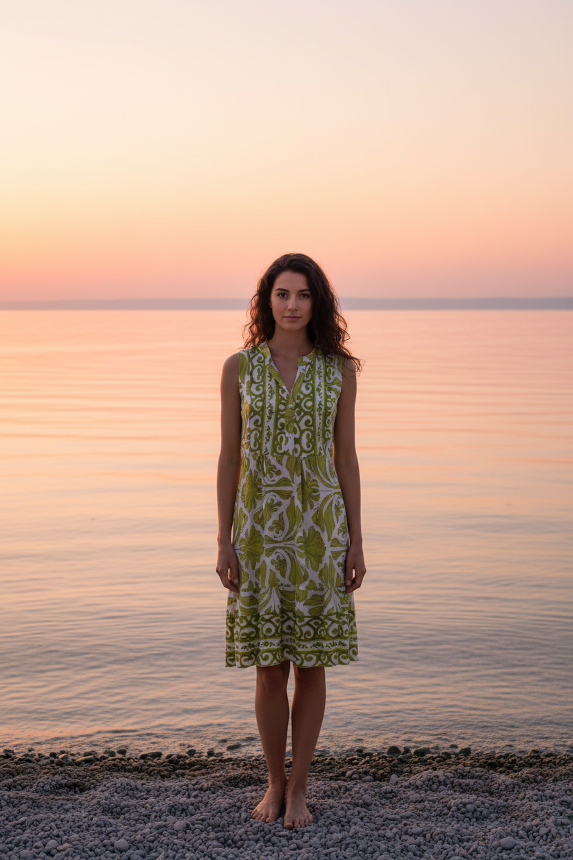Sommerkleid Weiß Grüner Boho-Print Bodensee