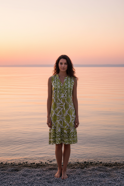 Sommerkleid Weiß Grüner Boho-Print Bodensee