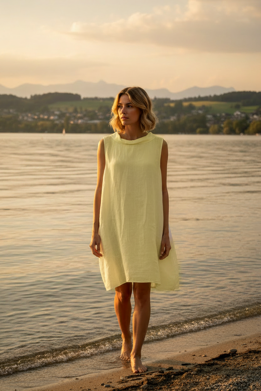 Gelbes Leinenkleid – Vorderansicht Bodensee