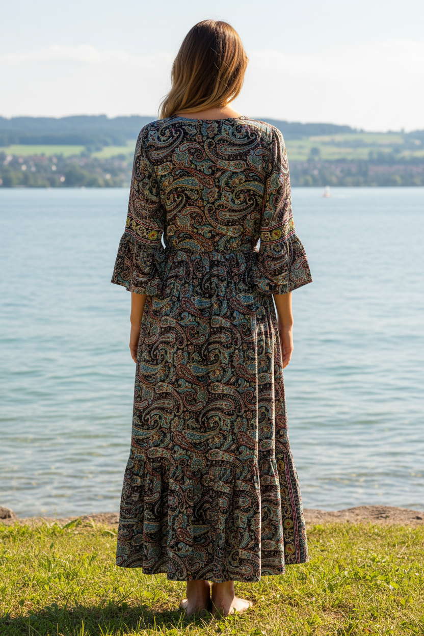 Boho Maxikleid Paisley Muster Blau/Türkis/Altrosa – Rückenansicht