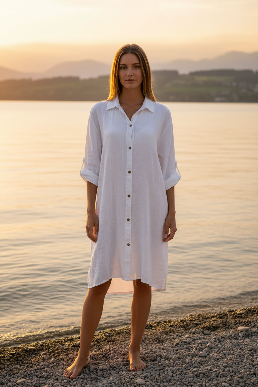Leinenkleid Weiß – Vorderansicht Bodensee