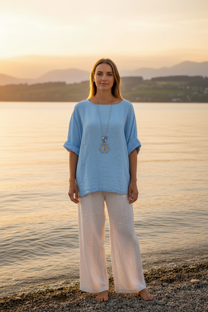 Leinen-Oberteil Hellblau mit Boho-Kette – Vorderansicht Bodensee