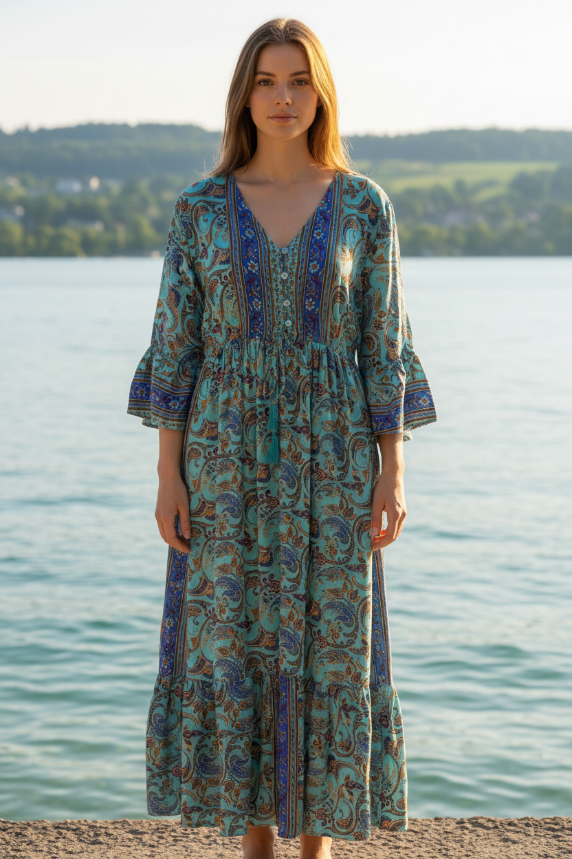 Boho Maxikleid Paisley Muster Türkis/Blau/Orange – Vorderansicht