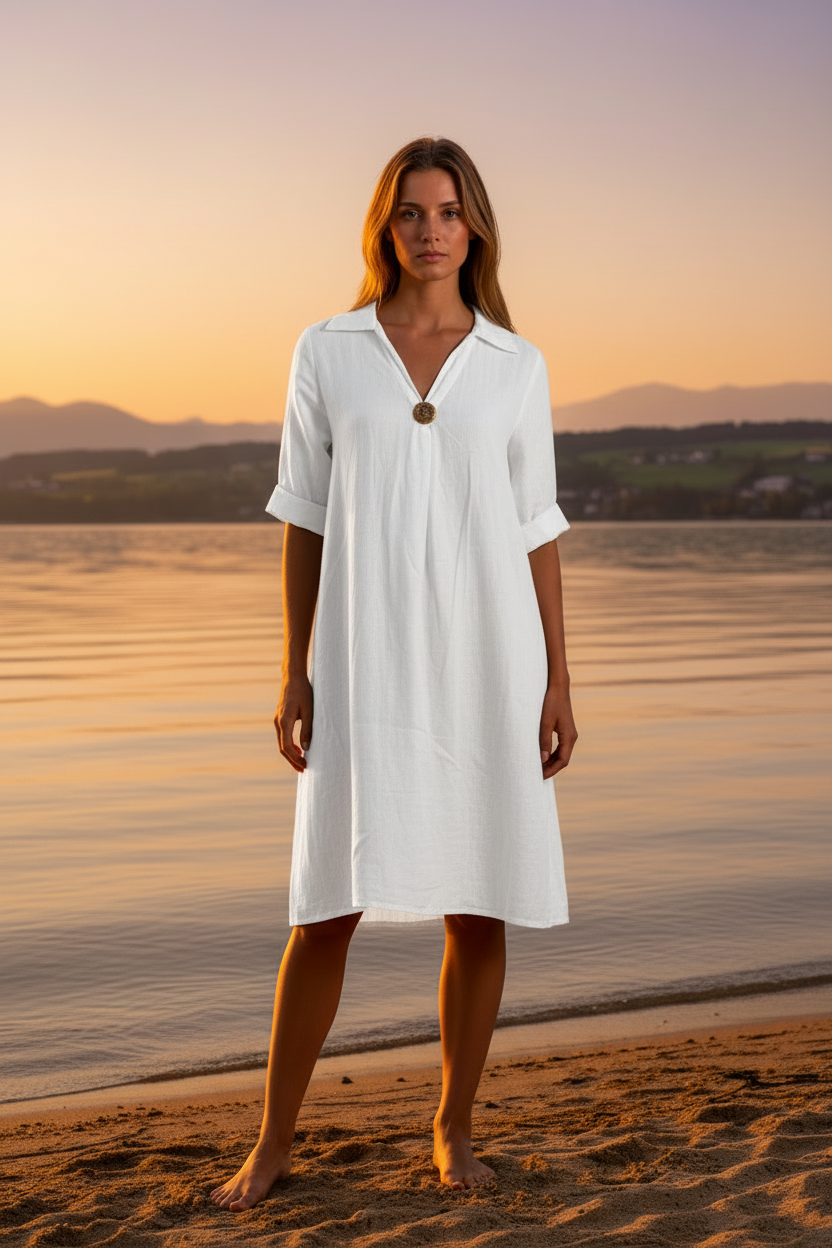 Weißes Leinenkleid – Vorderansicht Bodensee