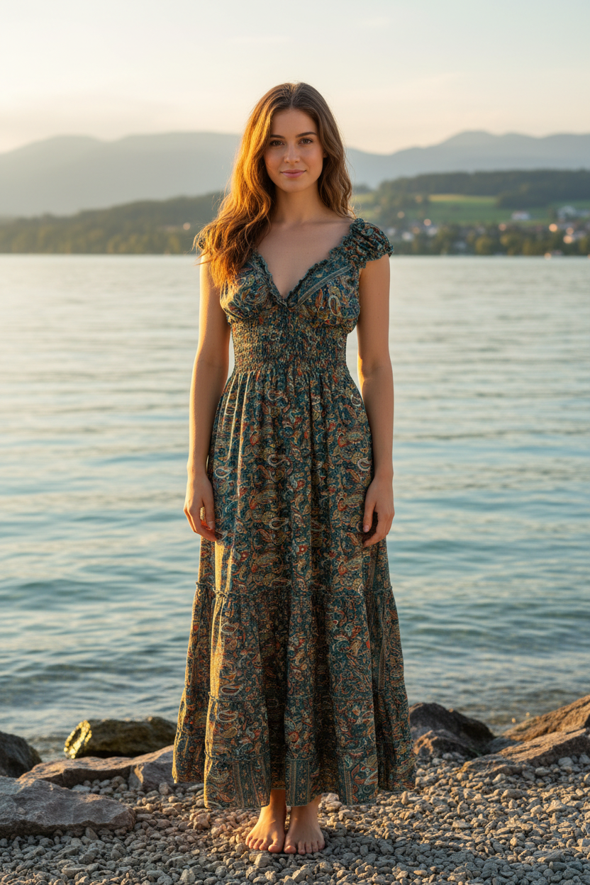 Boho Maxi Kleid Petrol Paisley – KI Modelbild Vorderansicht Bodensee