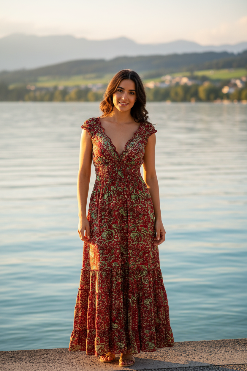 Boho Maxi Kleid Dunkelrot Paisley – KI Modelbild Vorderansicht Bodensee