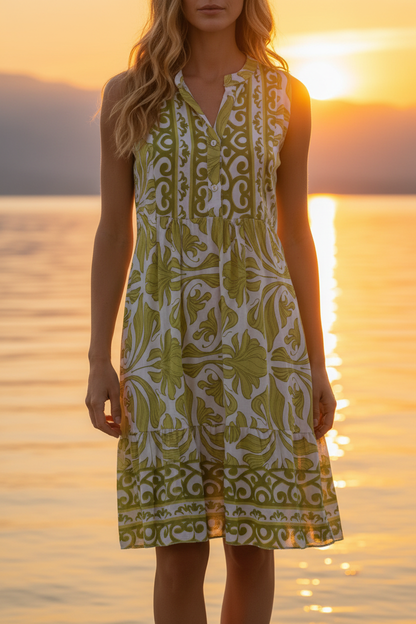Sommerkleid Weiß Grüner Boho-Print Detailansicht
