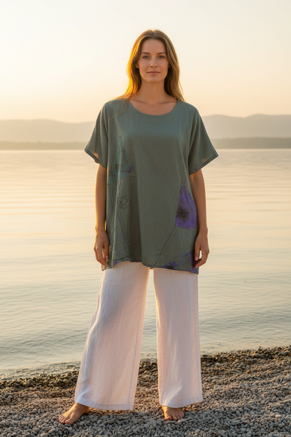 Leinen-Shirt Olivgrün Patchwork – Vorderansicht Bodensee