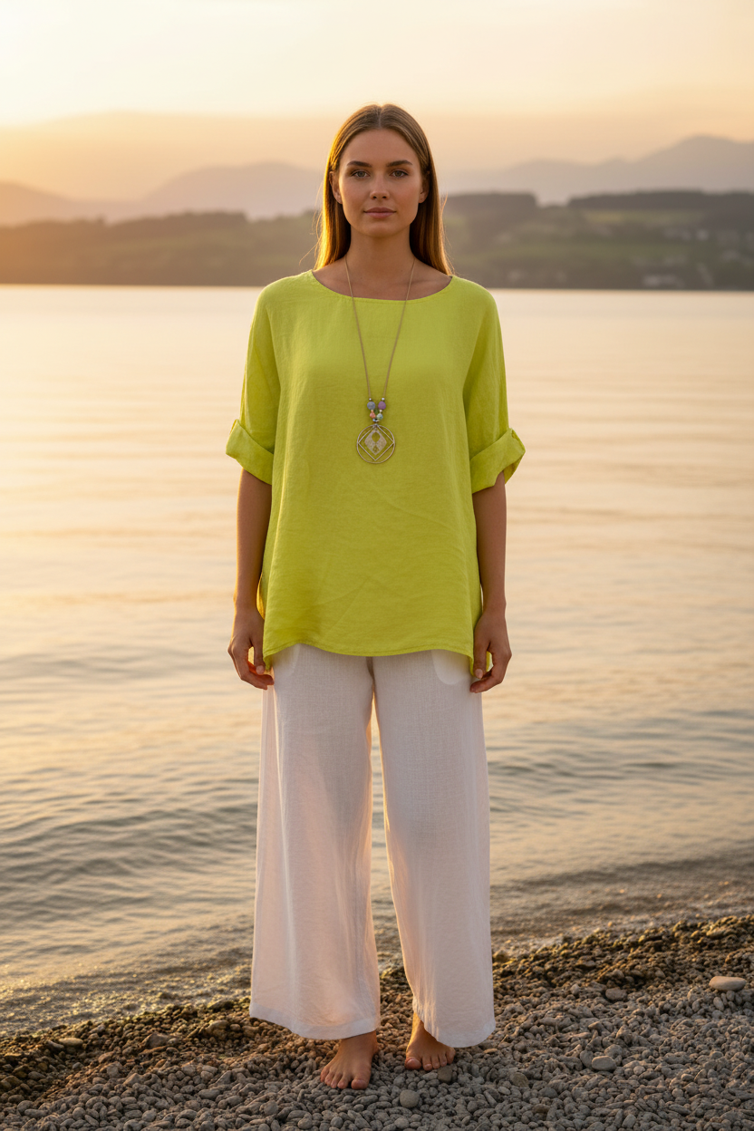 Leinen-Oberteil Gelb/Limette mit Boho-Kette – Vorderansicht Bodensee