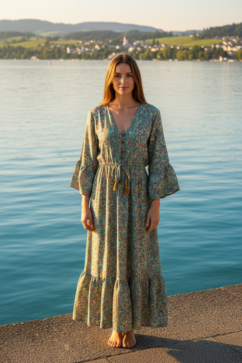 Boho Maxikleid Blumen Paisley Muster Türkis/Rot/Beige – Vorderansicht
