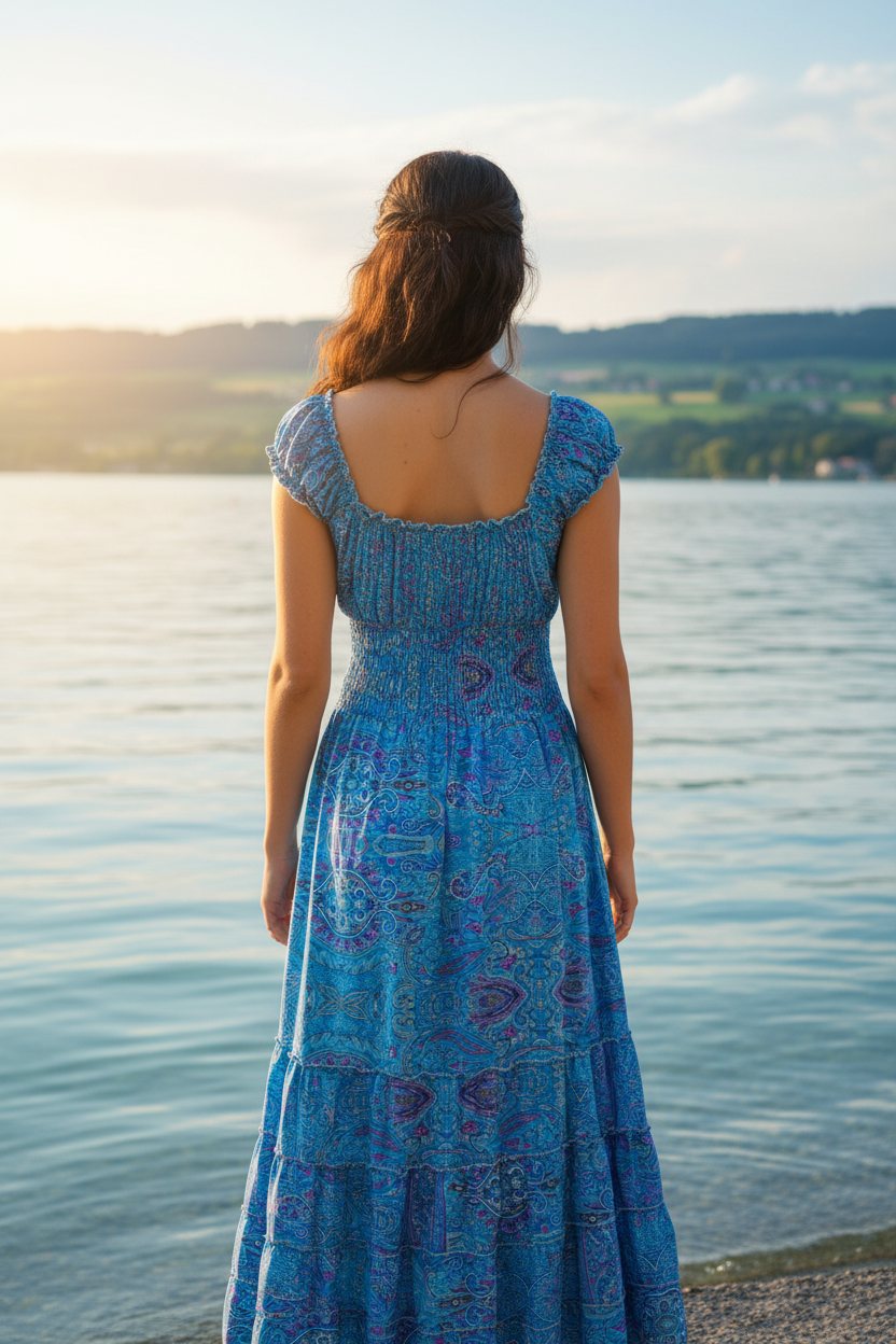 Boho Maxi Kleid Blau Paisley – KI Modelbild Rückenansicht Bodensee